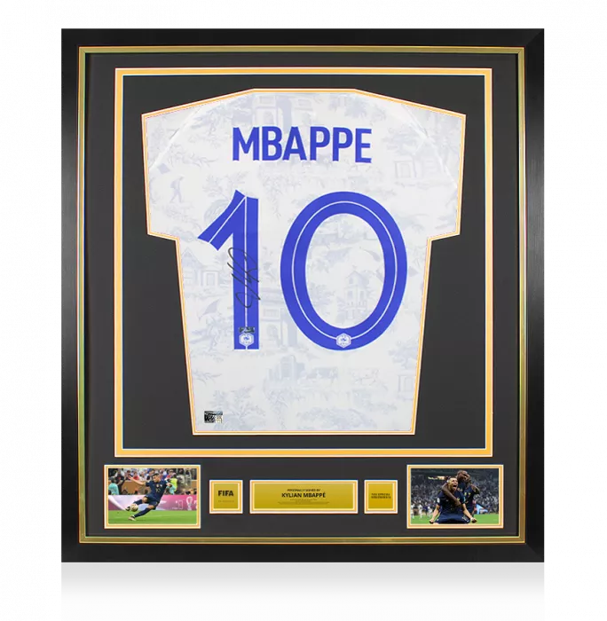 icons Kylian Mbappe Official FIFA World Cup™ Back Signed and Framed France 2022 Away Shirt