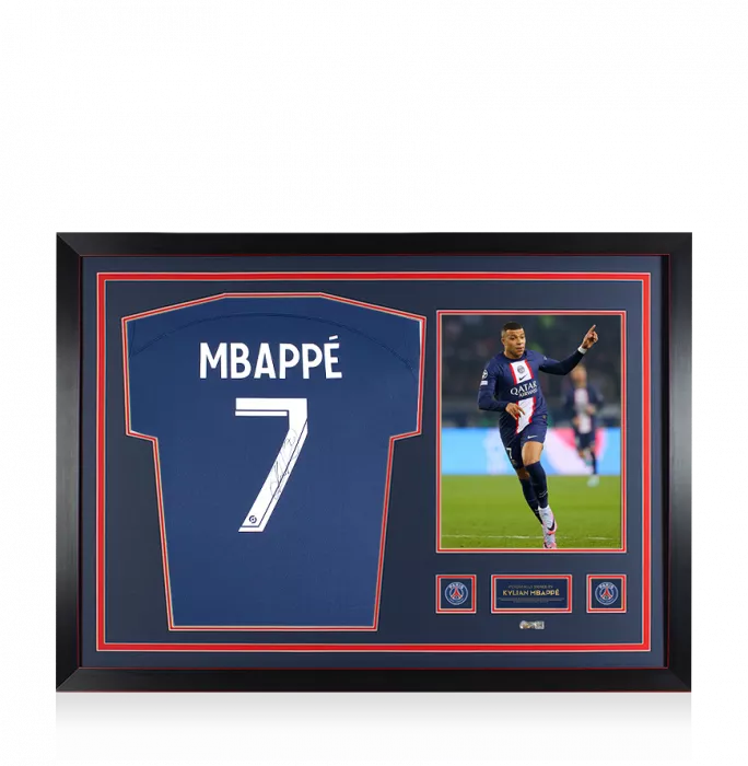 icons Kylian Mbappe Official Paris Saint-Germain Back Signed and Framed 2022-23 Home Shirt