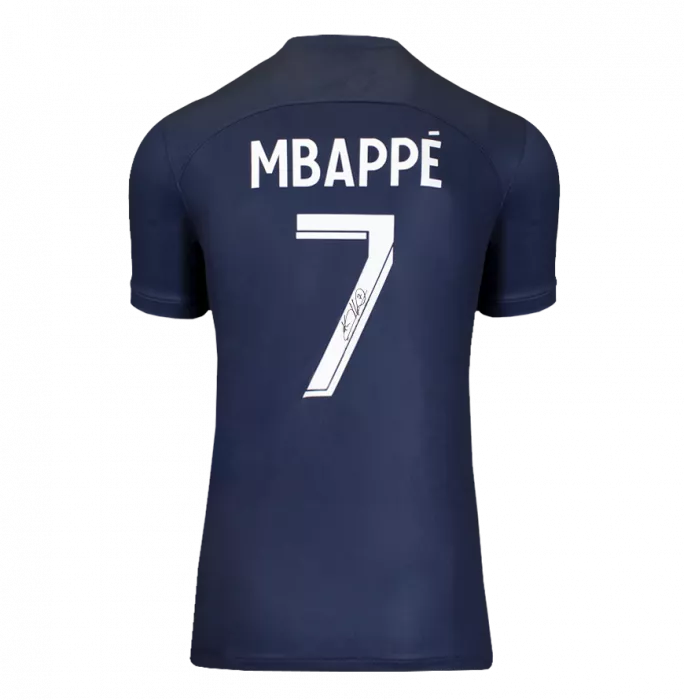 Icons Kylian Mbappe Official UEFA Champions League Back Signed And Framed Paris Saint-Germain 2022-23 Home Shirt With Fan Style Numbers