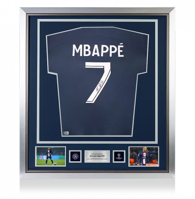 icons Kylian Mbappe Official UEFA Champions League Back Signed and Framed Paris Saint-Germain 2022-23 Home Shirt with Fan Style Numbers