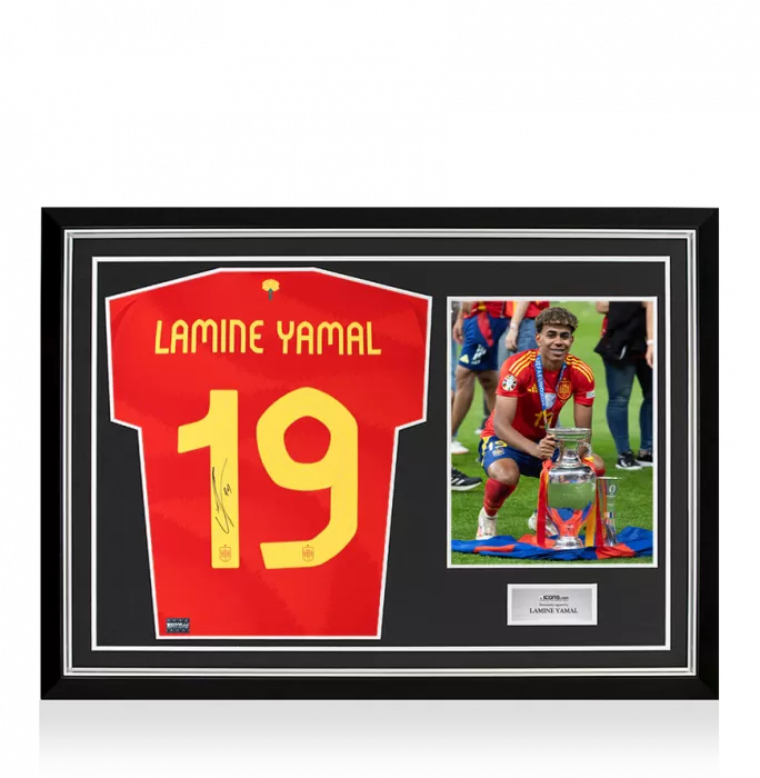 icons Lamine Yamal Back Signed Spain 2024-25 Home Shirt In Hero Frame: Option 1