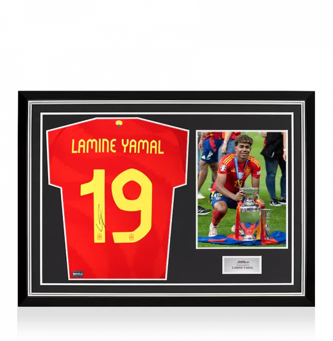 icons Lamine Yamal Back Signed Spain 2024-25 Home Shirt In Hero Frame: Option 1