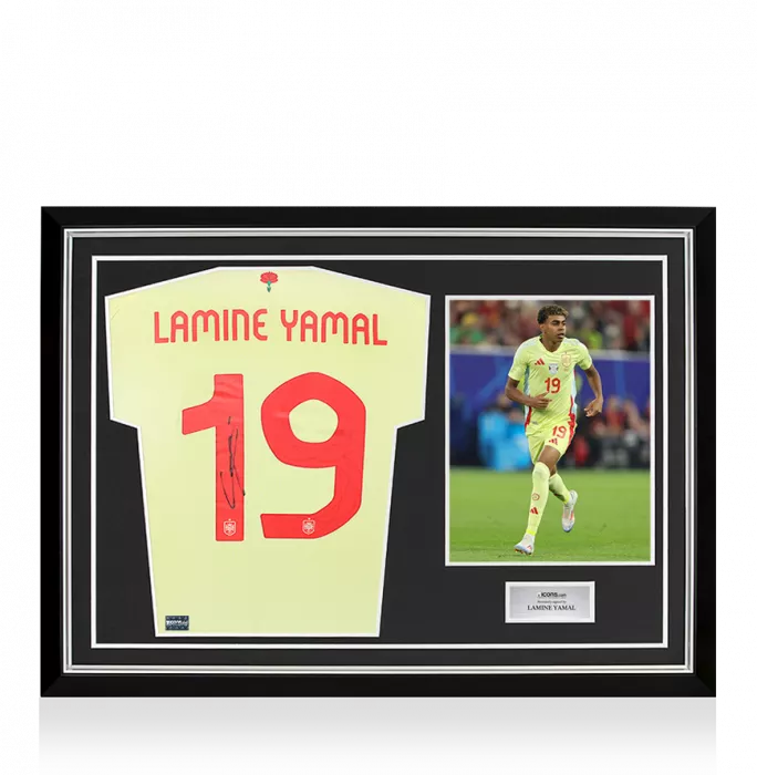 icons Lamine Yamal Back Signed Spain 2024 Away Shirt In Hero Frame: Option 1
