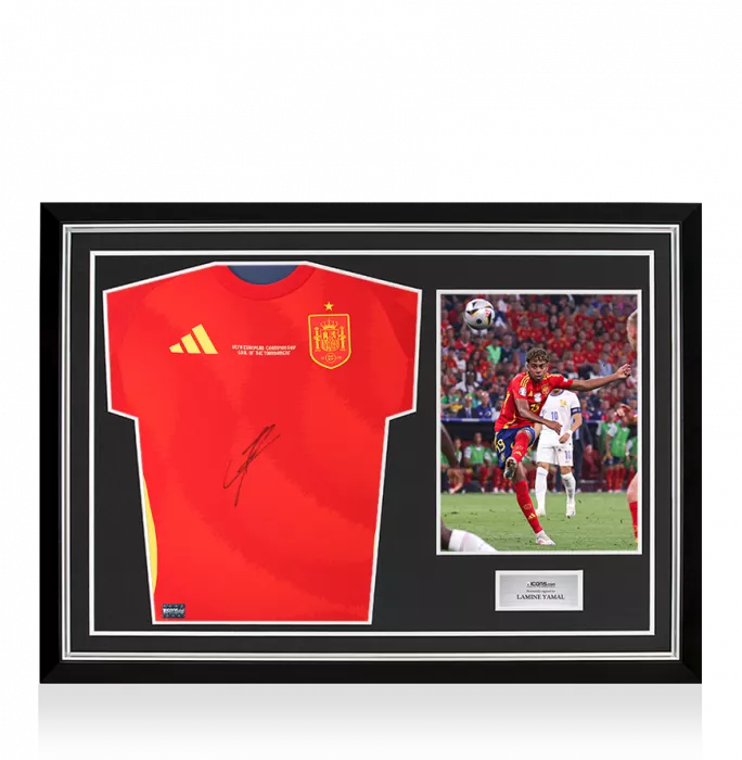icons Lamine Yamal Front Signed Spain 2024-25 Home Shirt In Hero Frame Option 1: UEFA EURO 2024 Goal of the Tournament Edition
