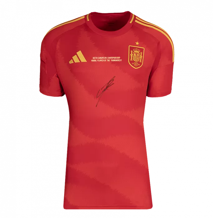 Icons Lamine Yamal Front Signed Spain 2024-25 Home Shirt In Hero Frame Option 1: Young Player Of The Tournament Edition