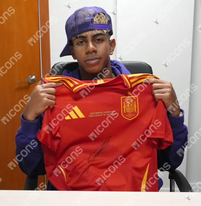 Icons Lamine Yamal Front Signed Spain 2024-25 Home Shirt In Hero Frame Option 1: Young Player Of The Tournament Edition