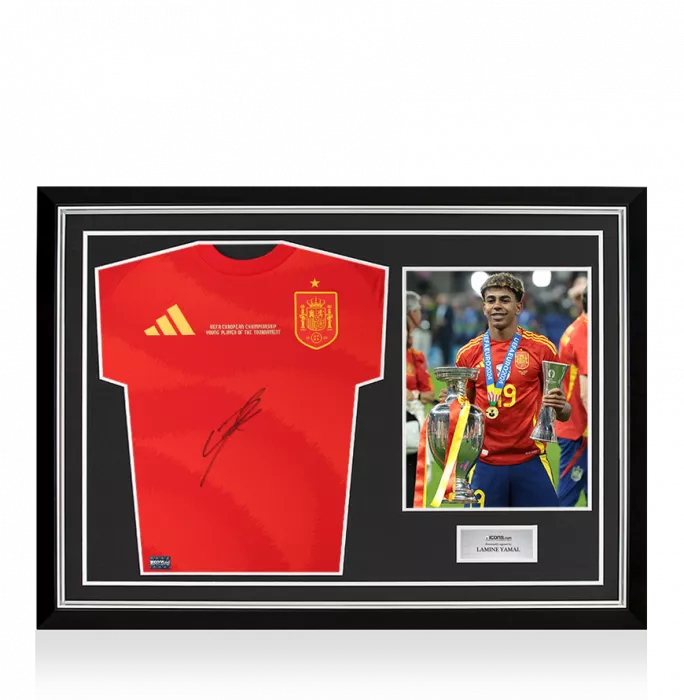 icons Lamine Yamal Front Signed Spain 2024-25 Home Shirt In Hero Frame Option 1: Young Player of the Tournament Edition