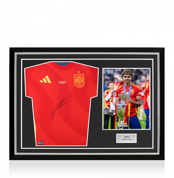 icons Lamine Yamal Front Signed Spain 2024-25 Home Shirt In Hero Frame Option 1: EURO Campeones 2024 Edition