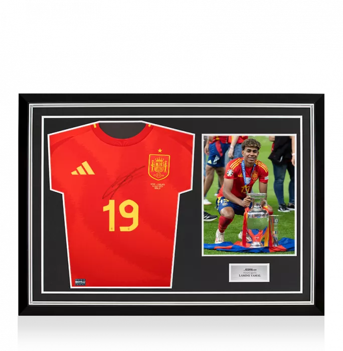 icons Lamine Yamal Front Signed Spain 2024 Home Shirt In Hero Frame: UEFA EURO 2024 Final Edition