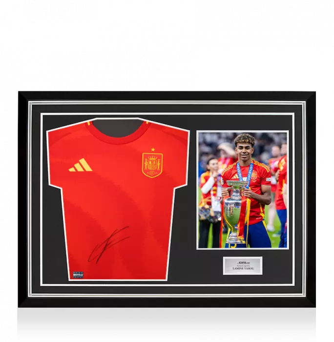 icons Lamine Yamal Front Signed Spain 2024 Home Shirt In Hero Frame: Option 1