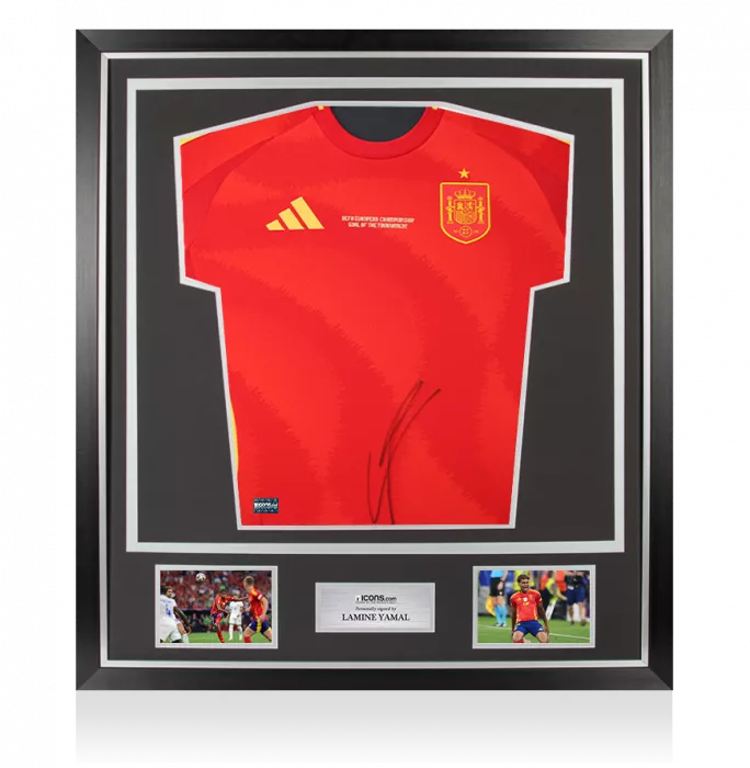 icons Lamine Yamal Front Signed Spain 2024 Home Shirt In Classic Frame: UEFA European Championship Goal of the Tournament Edition
