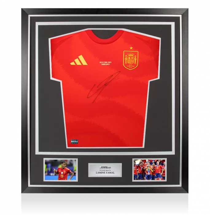 icons Lamine Yamal Front Signed Spain 2024 Home Shirt In Classic Frame: UEFA EURO 2024 Campeones Edition
