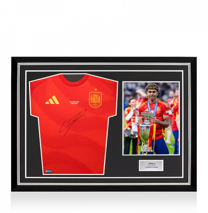icons Lamine Yamal Front Signed Spain 2024 Home Shirt In Hero Frame: UEFA EURO 2024 Campeones Edition