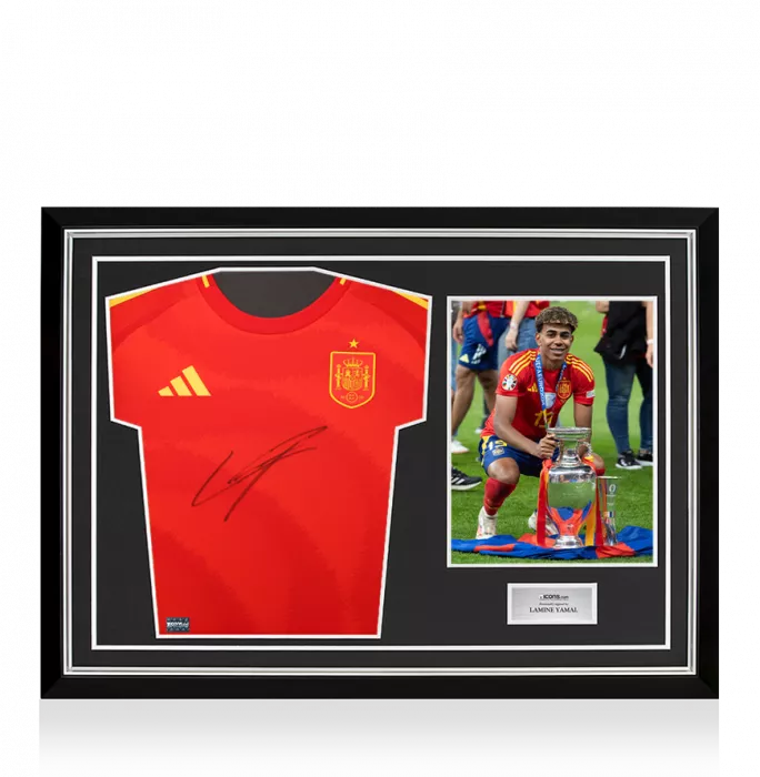 icons Lamine Yamal Front Signed Spain 2024 Home Shirt In Hero Frame: Option 1