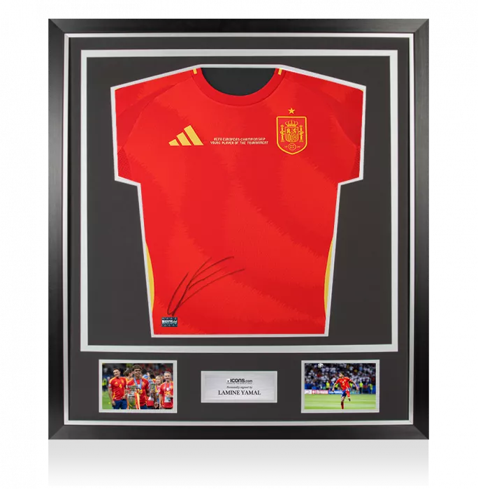 icons Lamine Yamal Front Signed Spain 2024 Home Shirt: UEFA European Championship Young Player of the Tournament Edition In Classic Frame