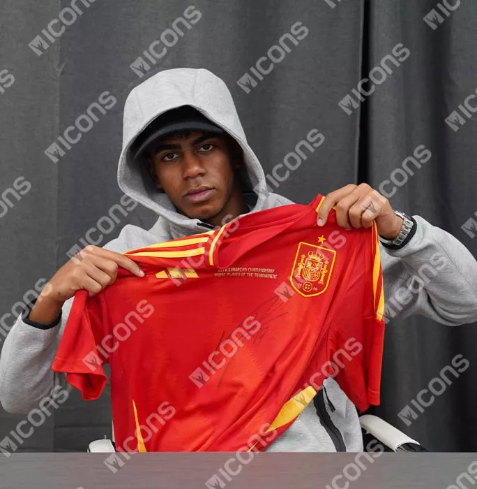 Icons Lamine Yamal Front Signed Spain 2024 Home Shirt: UEFA European Championship Young Player Of The Tournament Edition In Hero Frame: Option 1