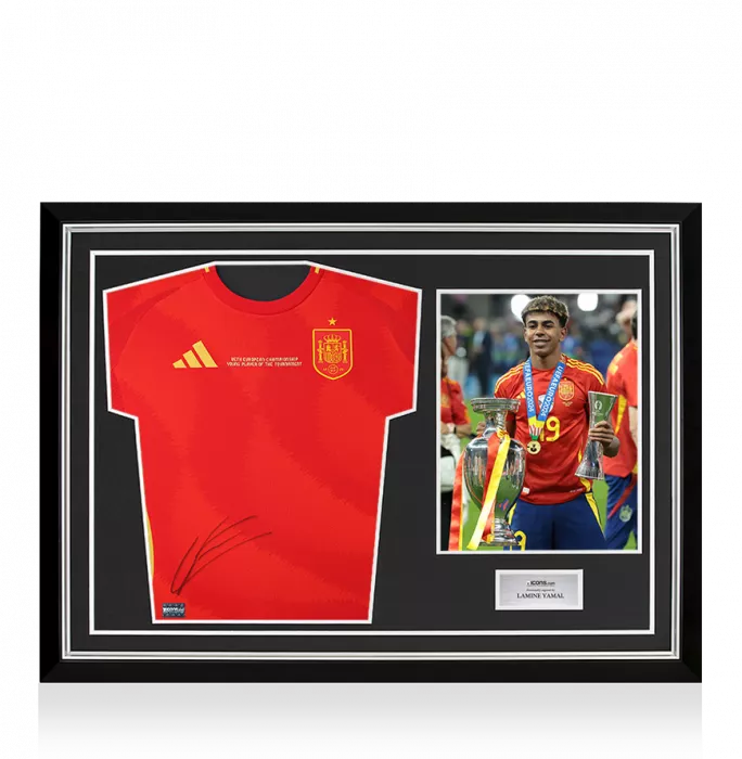 icons Lamine Yamal Front Signed Spain 2024 Home Shirt: UEFA European Championship Young Player of the Tournament Edition In Hero Frame: Option 1
