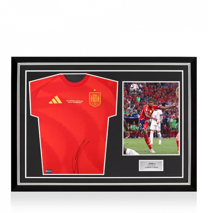 icons Lamine Yamal Front Signed Spain 2024 Home Shirt: UEFA European Championship Goal of the Tournament Edition In Hero Frame: Option 1