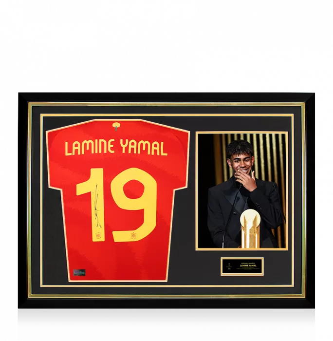 icons Lamine Yamal Official Ballon d'Or™ Back Signed and Hero Framed Spain 2024 Home Shirt: 2024 Kopa Trophy Winner