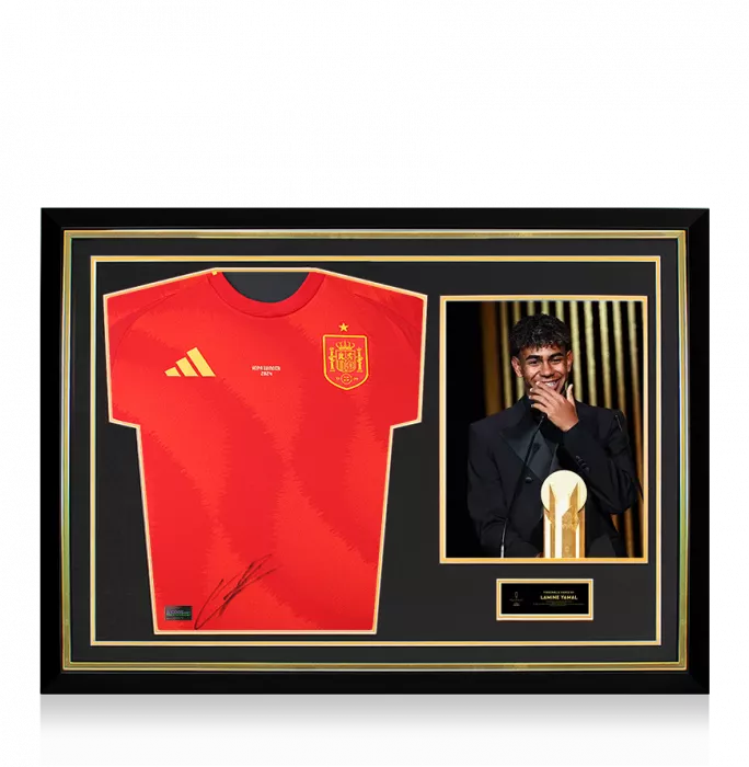icons Lamine Yamal Official Ballon d'Or™ Front Signed and Hero Framed Spain 2024 Home Shirt: 2024 Kopa Trophy Winner
