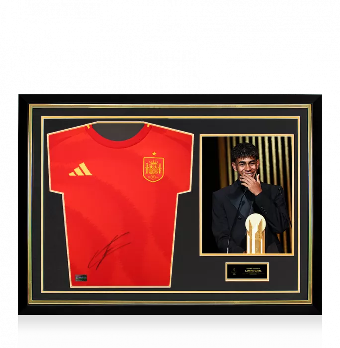 icons Lamine Yamal Official Ballon d'Or™ Front Signed and Hero Framed Signed Spain 2024 Home Shirt: 2024 Kopa Trophy Winner