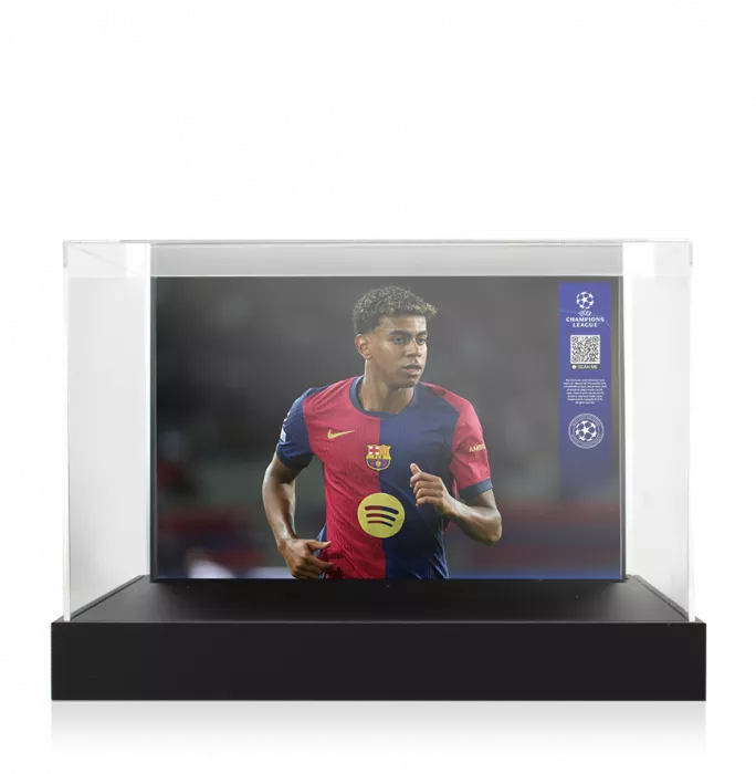 Icons Lamine Yamal Official UEFA Champions League Signed Adidas F50 Elite Laceless Boot In Photo Acrylic Case: Option 1
