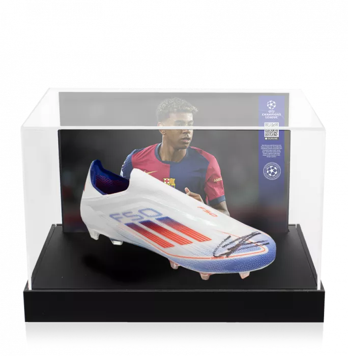 icons Lamine Yamal Official UEFA Champions League Signed Adidas F50 Elite Laceless Boot In Photo Acrylic Case: Option 1