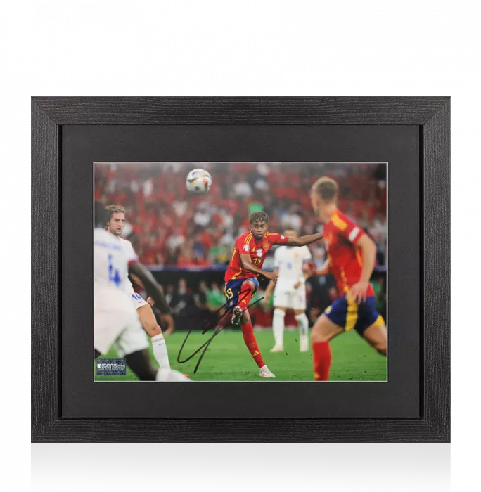 icons Lamine Yamal Signed Spain Photo In Black Wooden Frame: UEFA EURO 2024 Goal vs France