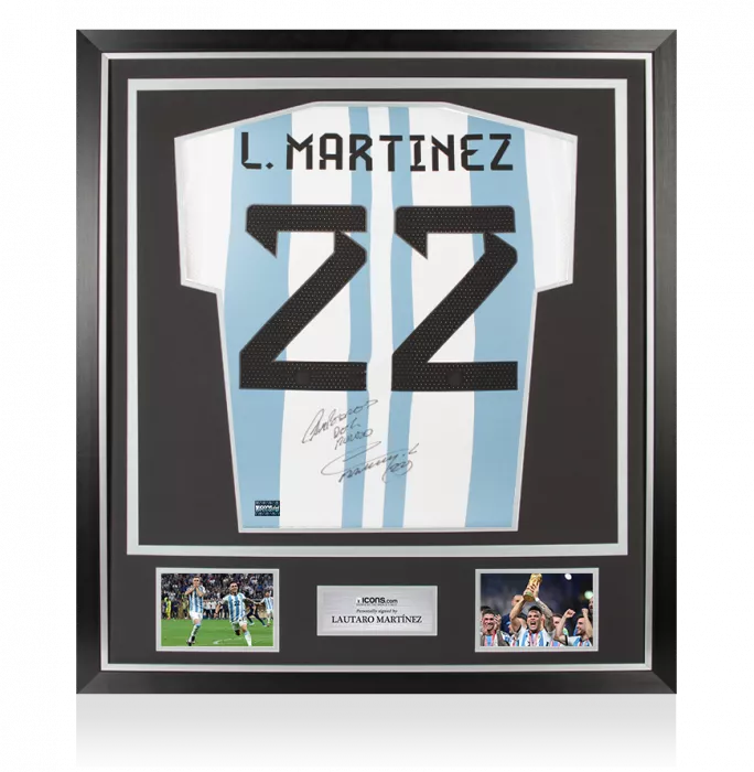 icons Lautaro Martinez Back Signed Argentina 2022 Home Shirt - "Campeones Del Mundo" Inscription In Classic Frame