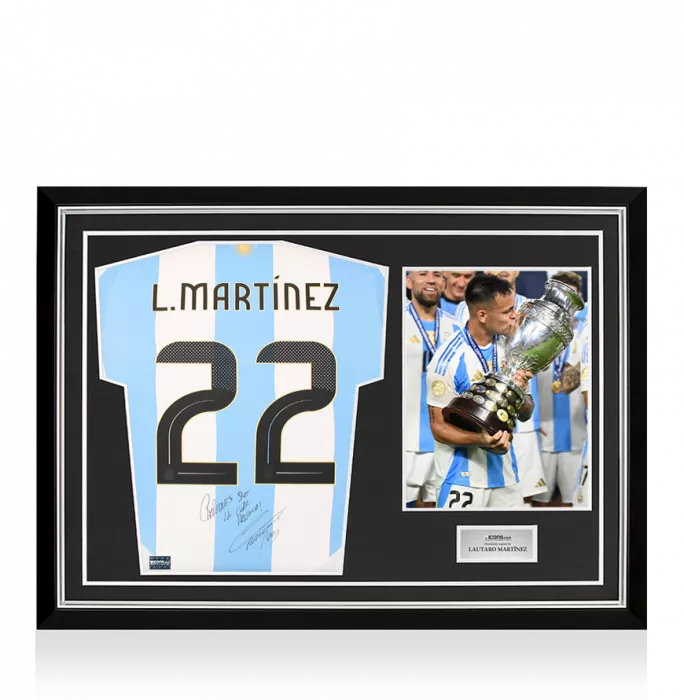 icons Lautaro Martinez Back Signed Argentina 2024 Home Shirt - "Campeones De La Copa America 2024" Inscription In Hero Frame: Option 1