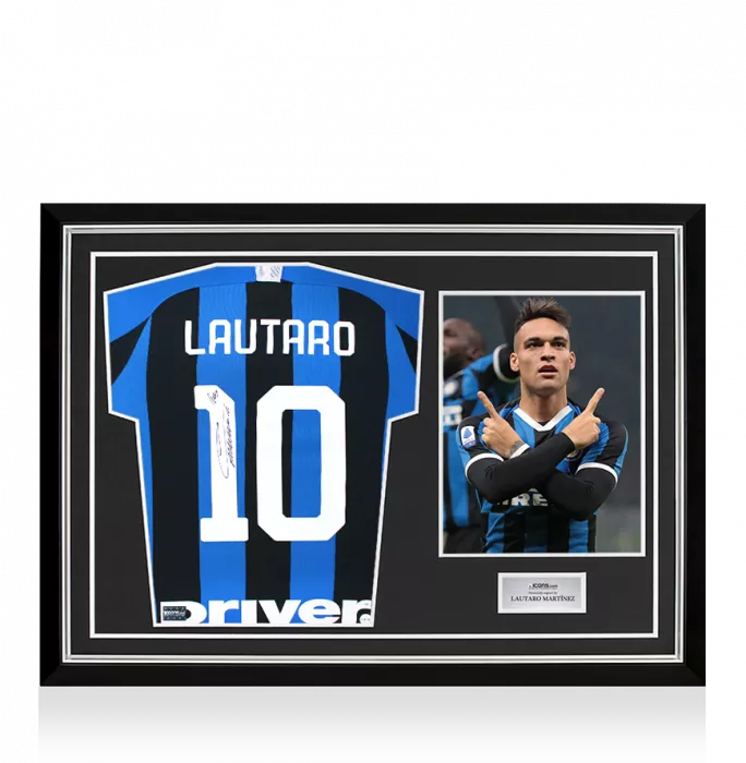 icons Lautaro Martinez Back Signed Internazionale 2019-20 Home Shirt with Fan Style Numbers In Hero Frame: Option 1