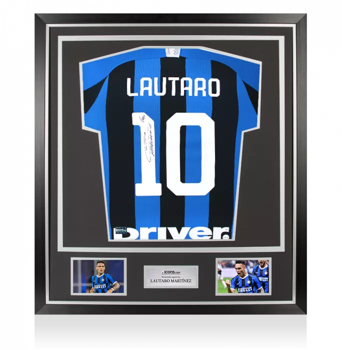 icons Lautaro Martinez Back Signed Internazionale 2019-20 Home Shirt with Fan Style Numbers In Classic Frame