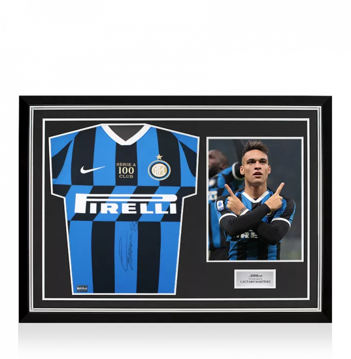 icons Lautaro Martinez Front Signed Internazionale 2019-20 Home Shirt - 'Serie A 100 Club' Edition In Hero Frame: Option 1