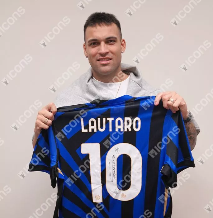 Icons Lautaro Martinez Official UEFA Champions League Back Signed And Framed Internazionale 2024-25 Home Shirt