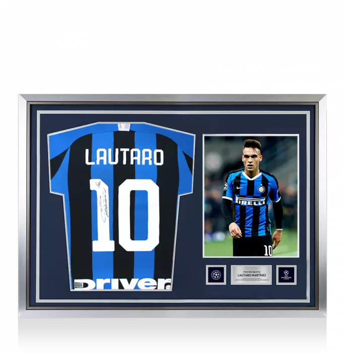 icons Lautaro Martinez Official UEFA Champions League Back Signed and Hero Framed Internazionale 2019-20 Home Shirt with Fan Style Numbers