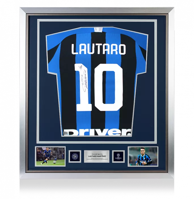 icons Lautaro Martinez Official UEFA Champions League Back Signed and Framed Internazionale 2019-20 Home Shirt with Fan Style Numbers