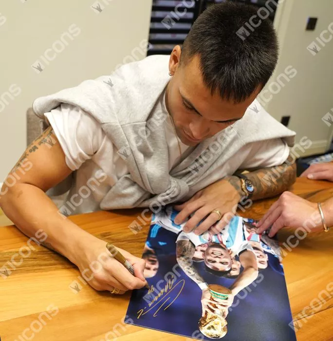 Icons Lautaro Martinez Signed Argentina Photo In Black Wooden Frame: 2022 FIFA World Cup Winner