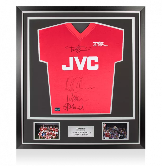 Icons Lee Dixon Nigel Winterburn Steve Bould & Tony Adams Front Signed Arsenal Home Shirt In Classic Frame