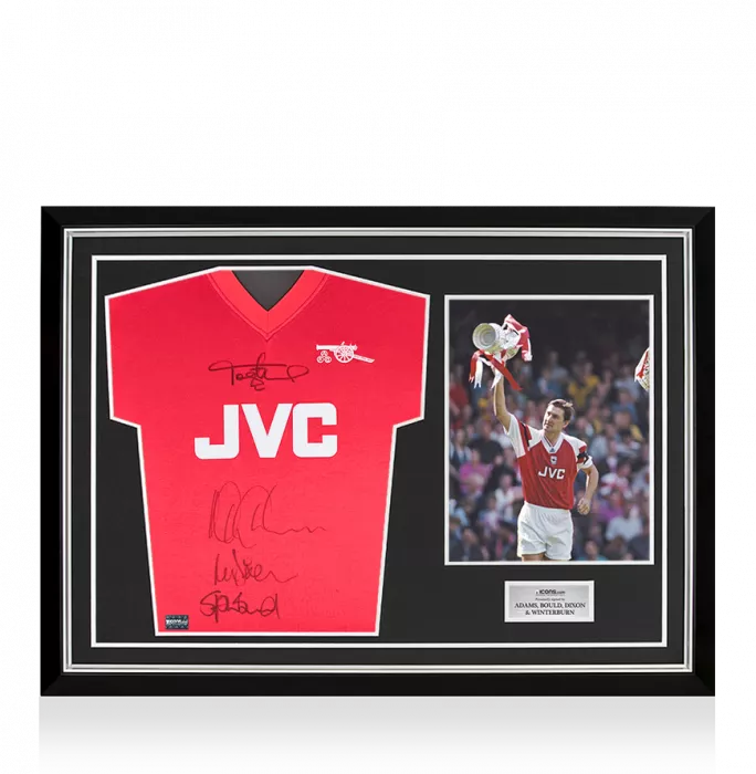 icons Lee Dixon Nigel Winterburn Steve Bould & Tony Adams Front Signed Arsenal Home Shirt In Hero Frame: Option 1