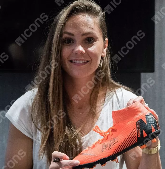 Icons Lieke Martens Official FC Barcelona Signed Orange Nike Mercurial High Top Boot In Acrylic Case