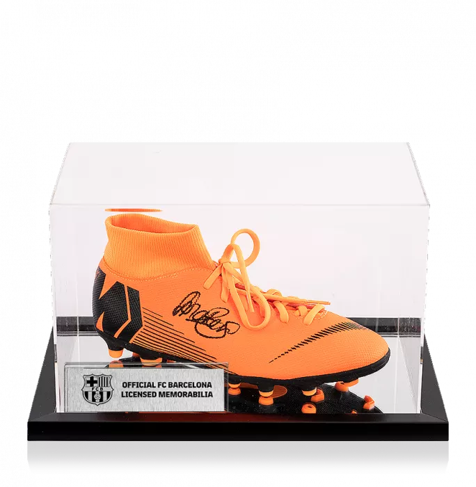 icons Lieke Martens Official FC Barcelona Signed Orange Nike Mercurial High Top Boot In Acrylic Case