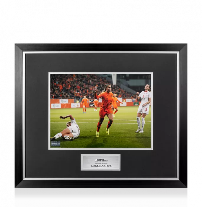 icons Lieke Martens Signed Netherlands Photo In Premium Photo Frame: FIFA World Cup Qualifier Goal vs Switzerland