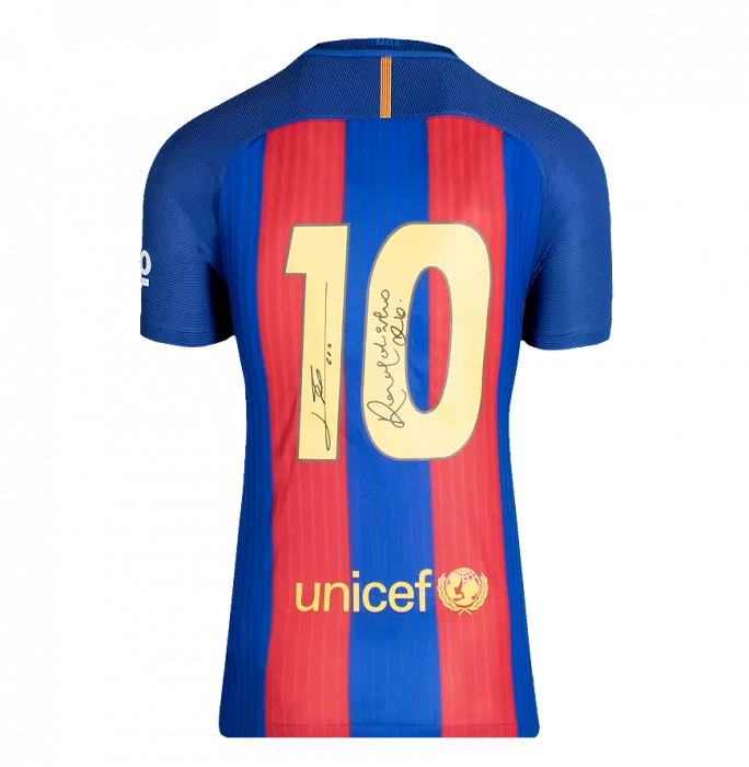 Icons Lionel Messi And Ronaldinho Dual Signed FC Barcelona 2016-2017 Home Shirt In Hero Frame: Option 1