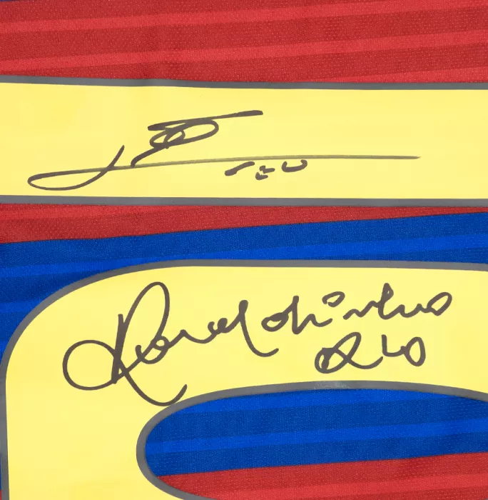 Icons Lionel Messi And Ronaldinho Dual Signed FC Barcelona 2016-2017 Home Shirt In Hero Frame: Option 1