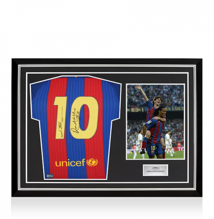 icons Lionel Messi and Ronaldinho Dual Signed FC Barcelona 2016-2017 Home Shirt In Hero Frame: Option 1