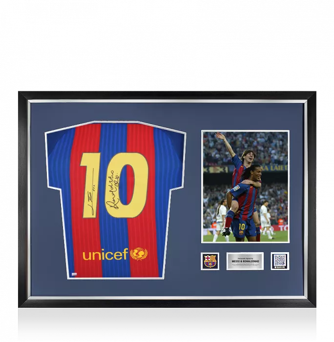 icons Lionel Messi and Ronaldinho Official FC Barcelona Back Signed and Framed 2016-17 Home Shirt