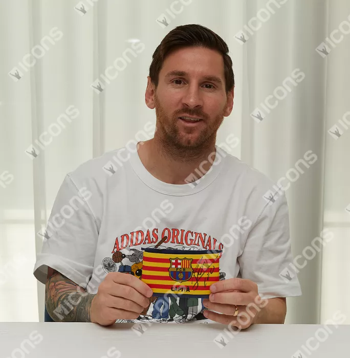 Icons Lionel Messi & Andres Iniesta Official FC Barcelona Signed And Framed Captain's Armband