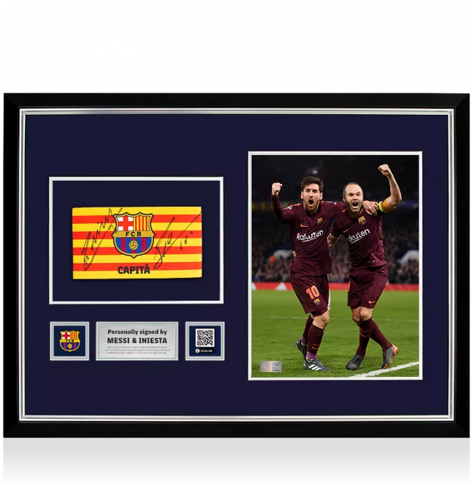 icons Lionel Messi & Andres Iniesta Official FC Barcelona Signed and Framed Captain's Armband