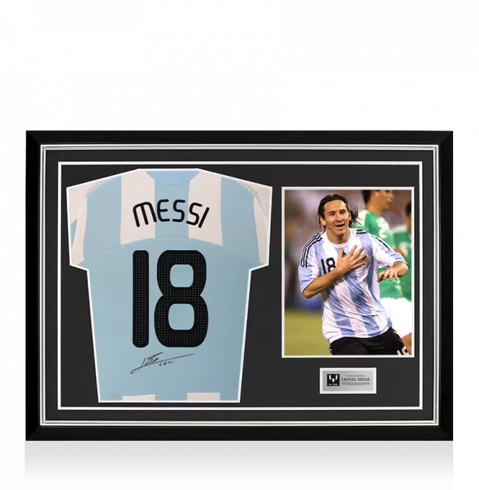 icons Lionel Messi Back Signed Argentina 2007-09 Home Shirt In Hero Frame: Option 1