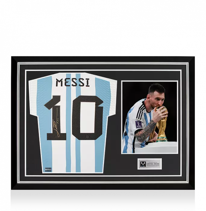 icons Lionel Messi Back Signed Argentina 2022 Home Shirt - Manufactured in Argentina Edition In Hero Frame: Option 1